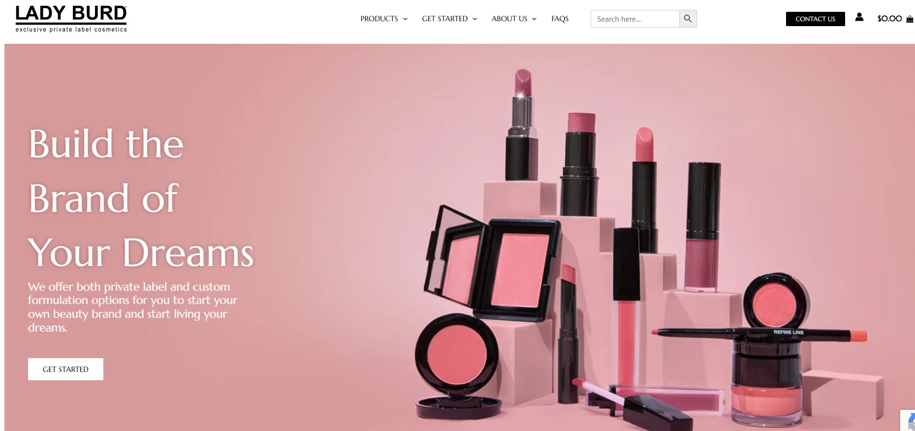 Cosmetic products including lipsticks, blush, and gloss on pink blocks, accompanied by a branding message encouraging private label creation.